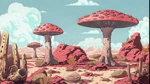Cartoon alien landscape with giant mushrooms and rocky terrain. Extraterrestrial world with surreal plants and animated blue sky.