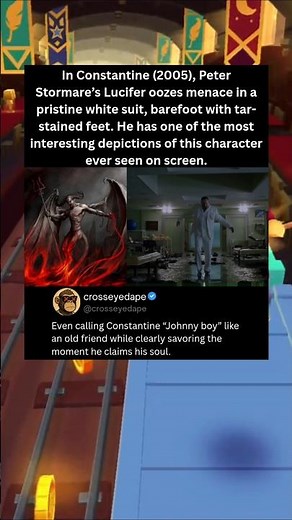In Constantine (2005), Peter Stormare’s Lucifer oozes menace in a pristine white suit