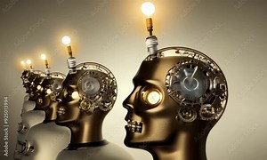 Animation of human heads with cogs and lightbulb.