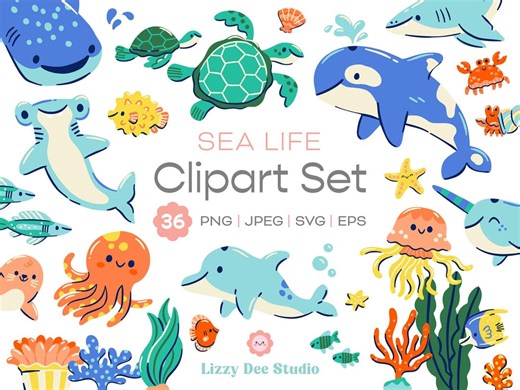 Sea Life Clipart Set, Vector Svg Eps Png Jpeg Bundle, Baby Nursery Decor Invitations - Etsy