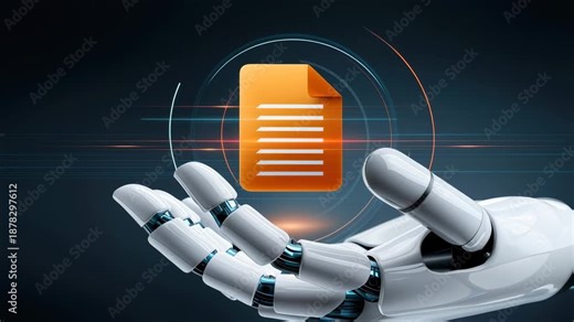 Futuristic robotic hand holding glowing digital document file icon conveying automated intelligent file management and smart