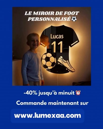 Faites briller la passion de votre enfant pour le foot ✨ Le miroir FootAura transforme sa chambre en véritable vestiaire de champion. ✅ Gravure personnalisée avec son nom et son numéro ✅ Lumière LED réglable avec télécommande ✅ Installation rapide et sans perçage | Foot.Aura | Facebook