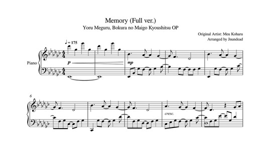 [Yoru Meguru, Bokura no Maigo Kyoushitsu OP] Memory (Full ver.) Piano Arrangement