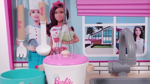 Klein Theo 2 in 1 Barbie Wooden and Metal Toy Kitchen and Dollhouse with Pretend Washing Machine and Oven for Kids Ages 3 and Up Integrated Dollhouse