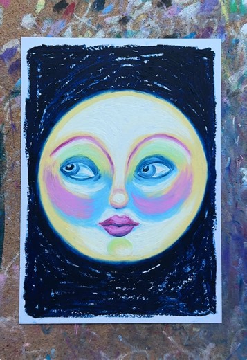 Happy Full Moon Oil Pastel Drawing