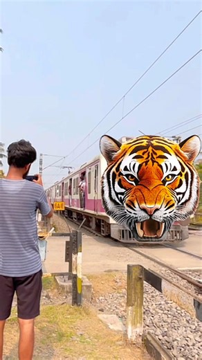Dangerous tiger, local train at level crossing #shorts #tra￼