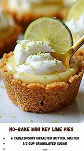 No-Bake Mini Key Lime Pies: Tiny, tart, and terrific! 🍋🥧 These adorable bite-sized treats feature a buttery graham cracker crust cup filled with a zesty, creamy lime filling made from sweetened condensed milk and fresh lime juice. They require absolutely no oven time and are the perfect refreshing dessert for warm weather or parties. #KeyLimePie #MiniDesserts #NoBakeRecipe #SummerDessert #LimeLovers #GrahamCrackerCrust #EasyBaking #PartyFood #TartAndSweet #FingerFood #CitrusDessert #MiniPies #