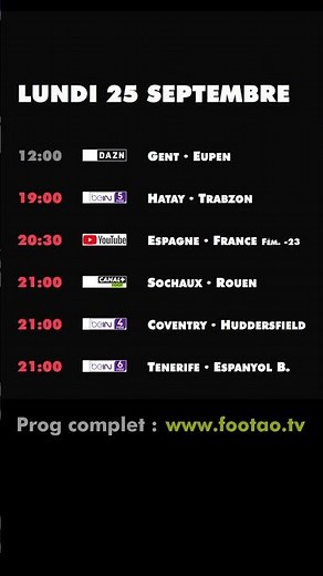 foot à la TV aujourd'hui lundi 25 septembre ce soir match direct programme télé diffusion #foot #TV