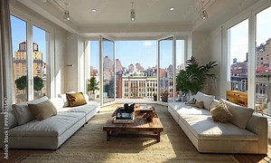 Modern Urban Loft Apartment with Panoramic City View and Natural Light.