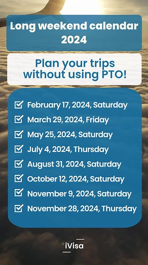 Take a look at the long weekends in 2024, where you can plan your trips without burning through your PTO. We're considering holidays that give you that extra day off, and the interesting part is, many of these holidays are recognized globally, not just in the United States. • February 17, 2024, Saturday: Three days of long weekend starts from Saturday, 17th, February on the occasion of Presidents' Day (Feb 19, Monday). • March 29, 2024, Friday: Three days of long weekend starts from Friday, 29th