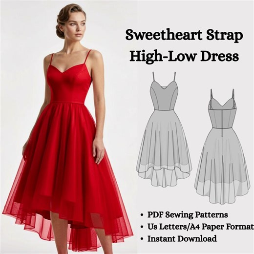 Sweetheart High-low Dress PDF Pattern | Elegant Spaghetti Strap Midi | Cocktail Formal Party Gown Sewing - Etsy