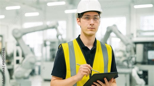 A male robotics engineer in an R and D lab uses a tablet to program an artificial intelligence cobot.