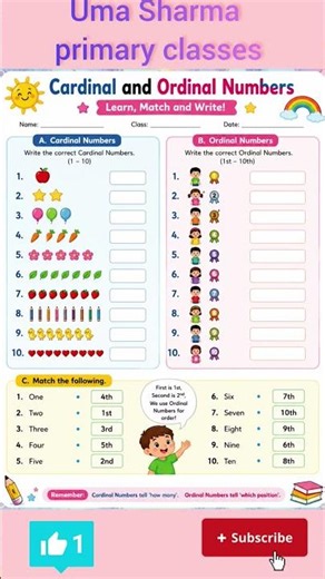 Cardinal & Ordinal Numbers Worksheet | Fun Learning Activity for Kids | Nursery, LKG, UKG .#viral.