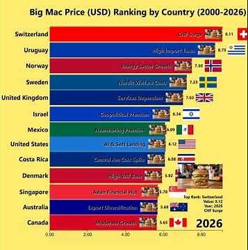 Big Mac Price (USD) Ranking by Country (2000-2026)