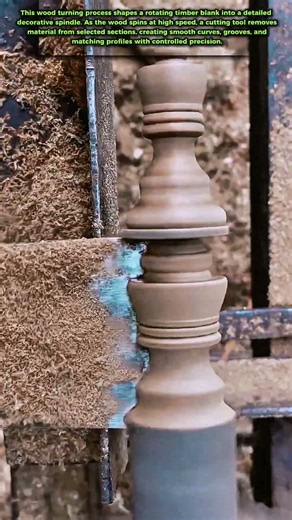 Wood Lathe Shaping: Rotating Timber Forms a Detailed Spindle