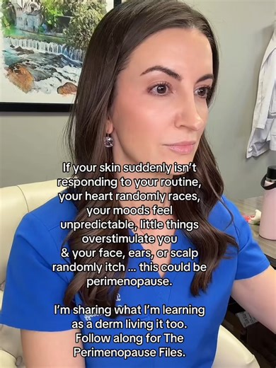 Sudden skin flare-ups, racing heartbeats, unpredictable moods, and random itching around your scalp or ears? These are subtle signals your body might be shifting into perimenopause. 📌 Follow my journey through the Perimenopause Files and get real-life tips from a derm living it too! #Perimenopause #MenopauseAwareness #HormonalChanges #HealthyAging#SkinHealthTips