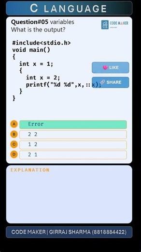 MCQ on Variables in C | Question 05 | C Programming Basics | CODE MAKER | Girraj Sharma