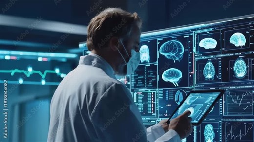 Medical Pioneer and Innovative Technology: A seasoned medical professional, donned in protective gear, navigates through an advanced digital interface, examining intricate medical scans and data.