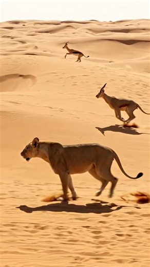 a lions pride chasing a gazelle in the Sahara desert #LionHunt #Wildlife #SaharaDesert #lionslive