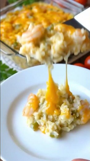 Shrimp and Rice Casserole Bake with CheddarCreamy rice gathers around tender shrimp,