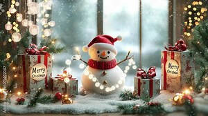 happy snowmen in a beautiful Christmas celebration decorated christmas tree, christmas light, christmas gift box during snowfall. looping video animation background.