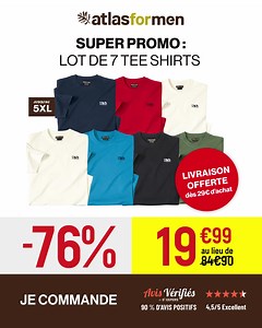 7 T-SHIRTS POUR 19,99€ 🤩 ⭐SUPER PROMO -76%⭐ 🚚 Frais de livraison offerts dès 29€ avec le code 36660 ⏰ Stocks limités. Foncez! Atlas For Men, le spécialiste des vêtements outdoor à petit prix. | Atlas For Men