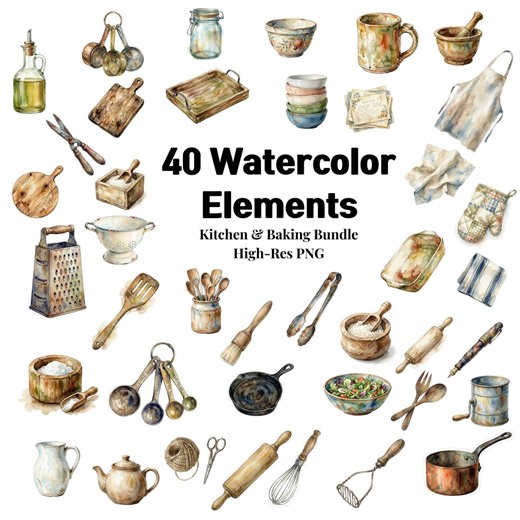 40 Watercolor Kitchen Clipart, Rustic Utensils PNG, Baking Tools, Wooden Board, Recipe Card Art - Etsy
