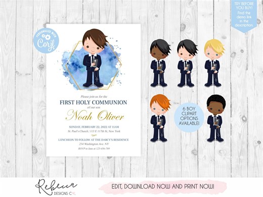 Digital First Communion Invitation Editable Boy Communion Invitation Boy First Communion Template Printable First Communion Party Invite 349 - Etsy