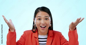 Mind blown, face and a woman with a crazy reaction for a wow, announcement or happy. Surprise, expression and portrait of a person with a gesture or shocked at good news on a studio background