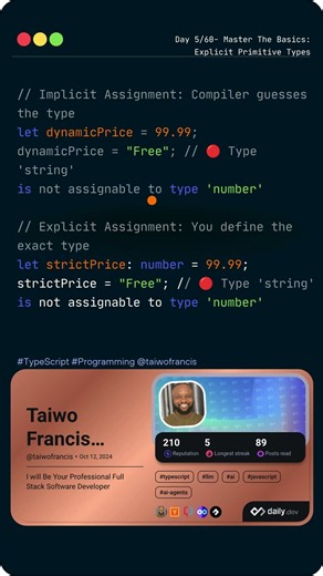 Day 5:60 Master The Basics Explicit Primitive Types #coding #typescript #frontendcourse
