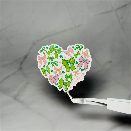 Pink & Green Lucky Heart Holographic Sticker, Girly Shamrock Bow St. Patrick’s Decal - Etsy