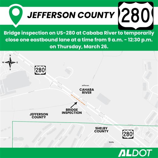 ALDOT to conduct bridge inspection on Hwy. 280 on March 26