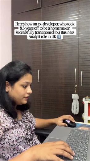Namita | Business Analyst | Consultant & Mentor on Instagram: "She worked as a mainframe developer for about 2 years. Then she took a break to focus on her family. That break turned into 8.5 years. 👉When her kids grew up and she moved to the UK, she felt ready to work again. But one thing was clear, she didn’t want to go back to development. A lot had changed in those years. So instead of jumping into the first thing that sounded “safe,” she slowed down and thought. 📌She booked a clarity call 