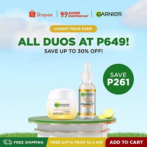 💚 LOWEST PRICE ON SKINCARE DUOS THIS 9.9! 💚 Get 2 products for only P649! ADD TO CART these Garnier duos on sale in Shopee and check out on midnight this 9.9 to get free gifts as well! ☀️ 💛 Super Glow Cleanse and Care Duo (Foam Serum): Save P100! 💛 Super Glow DAY Duo (Vit C Serum Day Cream): Save P261! 💛 Super Glow NIGHT Duo (Vit C Serum Night Cream): Save P261! 💗 Dew it Glassy DAY Duo (Sakura Serum Day Cream): Save P261 DOH-FDA-CCHUHSRR Permit #52 s.21 | Garnier Philippines