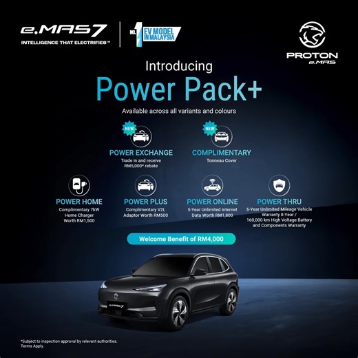 Like the new colour options? Get yours now with the new Power Pack . Enjoy a Welcome Benefit of RM4,000, Trade-In Rebate worth RM5,000*, complimentary tonneau cover and other attractive benefits that make ownership truly electrifying. Visit emas.proton.com for details or book now via the Proton e.MAS app. *Subject to inspection approval by relevant authorities. #PROTONeMAS #Electrified #PROTONEV #INSPIRINGCONNECTIONS #PROTONeMAS7 #IntelligenceThatElectrifies | Proton e.MAS Cars