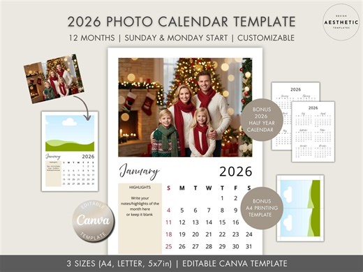 2026 Photo Calendar Template | DIY Family Keepsake Monthly Planner (editable Canva) - Etsy