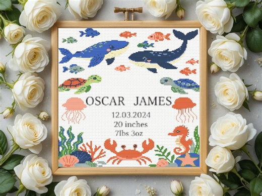 Birth Announcement Cross Stitch Pattern PDF | Ocean Sampler | DIY Baby Shower Easy Chart | Instant Download PDF - Etsy Canada