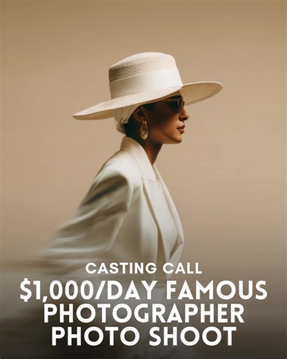 📣 Casting Call: Famous Photographer Photo Shoot — OPEN CASTING CALL! 📸✨🔥 A renowned fashion photographer is now casting talent for an upcoming high-profile photo shoot. This is a paid opportunity to collaborate on a visually striking project and add a standout credit to your portfolio. If you’re confident on camera, have a strong sense of style, and can bring elegance and presence to a professional shoot environment, this casting call could be a great fit. 💰 Pay: $1,000/day 🎭 Open to: Model