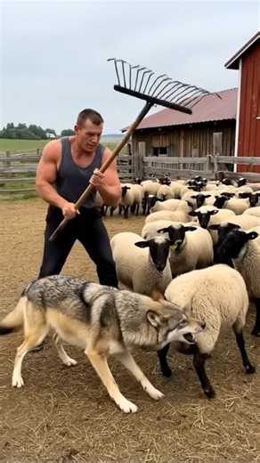 Animal Lovers on Instagram: "Muscular Farmer Fights Off Wolf Attacking Sheep #farmer #wolf This is the intense moment a fearless farmer steps in to protect his flock from a hungry wolf. Armed with only a rake, the muscular man bravely confronts the wild predator as it tries to single out a sheep for an attack. This amazing footage shows the reality of farm life and the constant battle to keep livestock safe from danger. Witness true courage as this shepherd doesn't hesitate to fight off the wolf