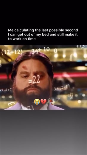 Uncrustamemes on Instagram: "😭🙏 This video features a scene from the 2009 comedy film The Hangover, showing the character Alan Garner with a bruised face and a focused expression. The footage is edited with complex mathematical equations and formulas floating across the screen as the camera zooms in on his eyes and mouth, mimicking a deep state of concentration. The humor in the video is created by the text overlay, which describes someone “calculating the last possible second” they can get ou