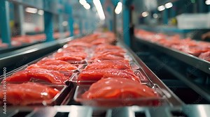 Fresh beef meat in pieces on metal work table, industry of processing food, Meat industry factory good product of food