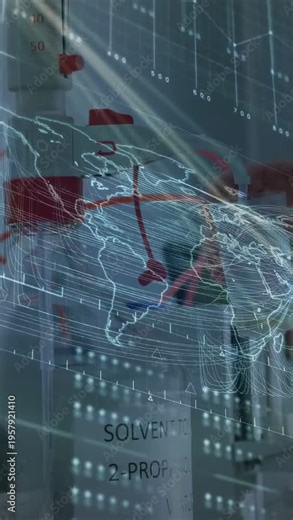 Vertical video: Sr lab tech adjusting clamp and activating pump routing solvent under map overlay