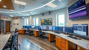 High-Tech Operations Room With Multiple Monitors and Desks, A cutting-edge facility where city officials monitor and analyze data to improve quality of life for residents
