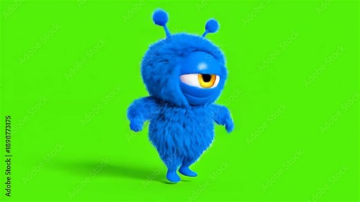Fuzzy blue one eyed monster character animation on green screen background for compositing projects