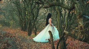 rear view without face woman in luxurious puffy aqua color dress walks enjoys nature. fabulous Princess in gothic autumn forest. Silk Fabric dark long hair flutter in motion. Bare trees fallen leaves