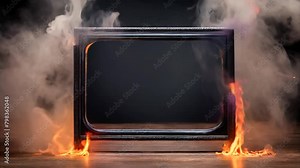 Horizontal rectangular frame with fire flames on the sides and smoke coming out, dark background, wooden table.