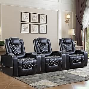 ANJ Power Recliner Chair Set of 3, Electric Soft Leather Reclining Home Theater Seating - USB Ports, Cup Holders, Hidden Arm Storage Movie & Media Room Chairs (Black)