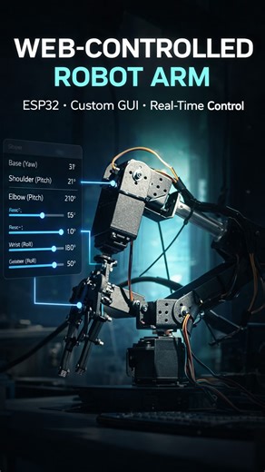 ᴍᴏʜᴀᴍᴍᴇᴅ ꜱʜᴇʜꜱɪɴ on Instagram: "From hardware to web control ⚙️🤖 Built a 5-DOF robotic arm controlled via ESP32 + Web GUI. Real-time sliders, smooth motion control, and a live 2D kinematic preview that matches the physical robot. Power integrity issues → debugged. Control logic → optimized. UI → custom-built. Full source code & project updates available on my GitHub 🔗 GitHub repository: https://github.com/Mohammed-Shehsin #Robotics #Automation #ESP32 #Mechatronics #ControlSystems EmbeddedSyste
