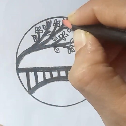 Easy Circle Scenery Drawing 🌳🌉 | Simple Pencil Art Tutorial #Shorts