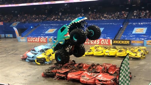 Here's a different kind of throwback! Ontario, California hosted @trickyricky17 and a few of his friends in 2021 pre-Glow-n-Fire, and he had Mega Wrex making some big moves on the concrete floor at the Toyota Arena! video: @_tirbert_ #ontario #california #hotwheels #megawrexmonstertruck #ricksteffens | Samson Monster Truck Racing/PEI